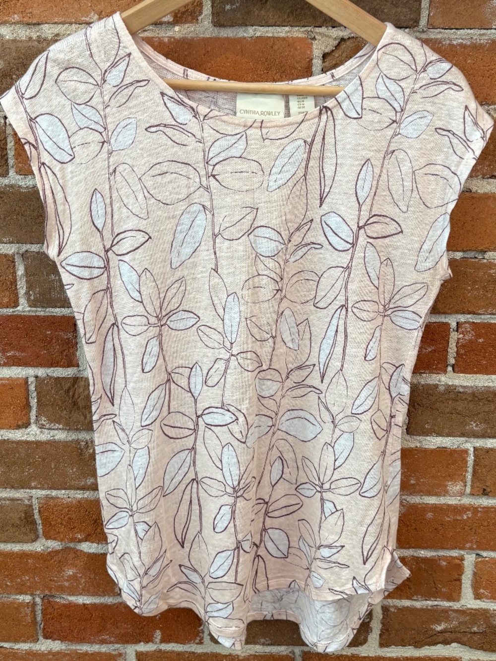 Cynthia Rowley 100% Linen Botanical Print Slub Knit Short Sleeve Tee Size M